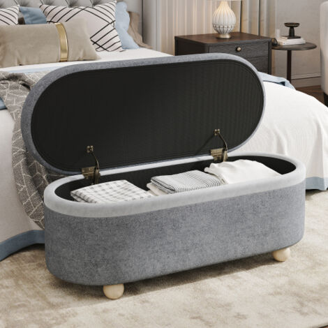 Banc multifonction, bout de lit, avec rangement intégré, pieds en bois, couvercle ouvrant, pour salon, couloir ou chambre - Tissu molleton gris - Longueur 110 x Largeur 41 x Hauteur 47 cm