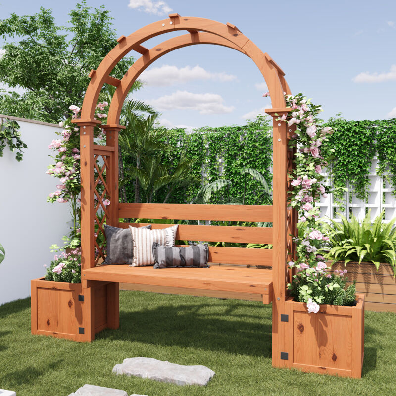 Banc pergola avec 2 bacs à fleurs et treillis arqué 160x30,5x160 cm, rangement, bois massif naturel