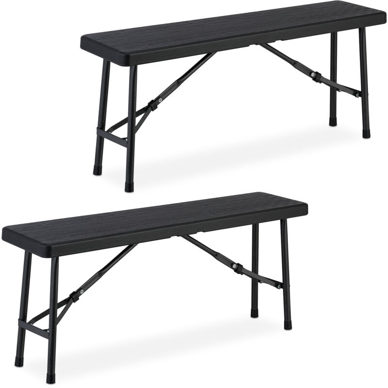 Relaxdays - Banc pliable, lot de 2, acier et plastique, pour jardin, terrasse, camping, hlp : 42x100x25 cm, noir