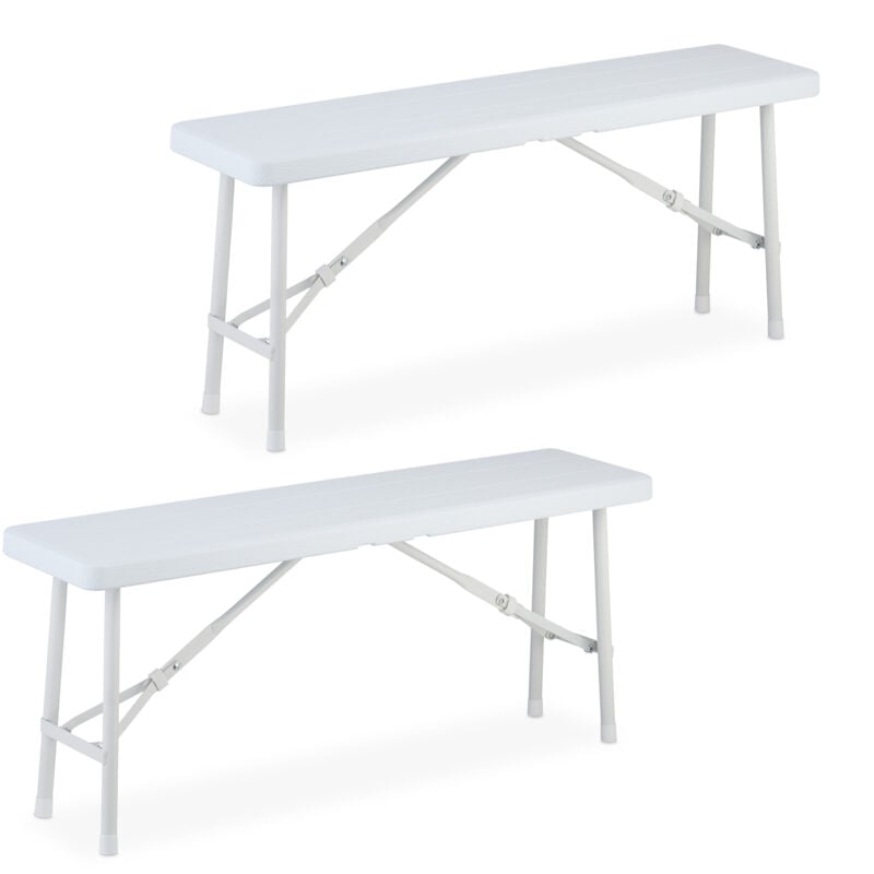 Relaxdays - Banc pliable, lot de 2, acier et plastique, pour jardin, terrasse, camping, hlp : 42x100x25 cm, blanc