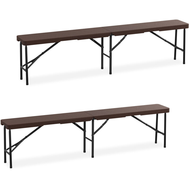 Banc pliable, lot de 2, acier et plastique, pour jardin, terrasse, camping, hlp : 43x180x25 cm, marron - Relaxdays