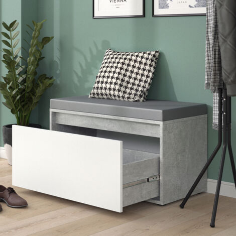 Vicco – Banc d'entrée pour chaussures – Béton 80 x 45 x 39 cm – Siège rembourré scandinave – Rangement efficace avec tiroir