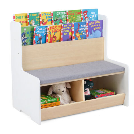 Banc pour Enfant  3 Ans+ avec Bibliothèque et 2 Coffres à Jouet, Coussin de Siège Amovible, 80 x 48 x 74,5 cm, Blanc