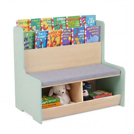 Banc pour Enfant  3 Ans+ avec Bibliothèque et 2 Coffres à Jouet, Coussin de Siège Amovible, 80 x 48 x 74,5 cm, Vert