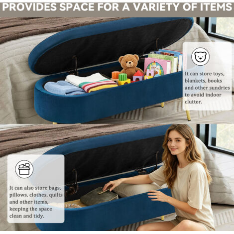 Banc rangement 110x40x42cm velours confortable,pieds métalliques,20L. Banquette pratique pour l’aménagement intérieur bleu.