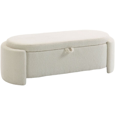 Banc rangement bout lit ovale polaire teddy assise large, 129x48,5x44 cm, crème