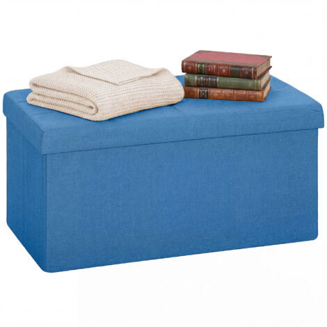 Banc rangement pliant 84 l, 76x38x38 cm, rembourré lin synthétique, bleu clair
