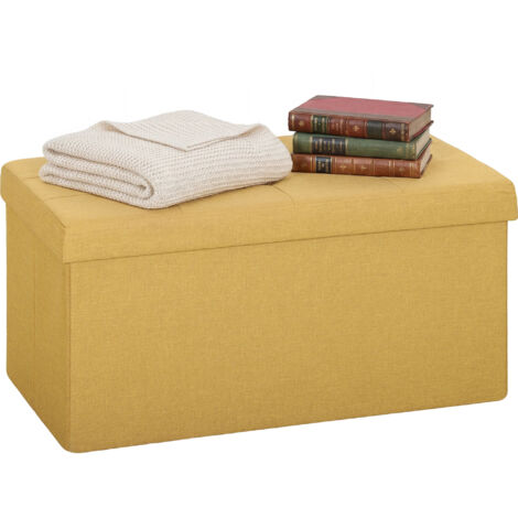 Banc rangement pliant 84 l, 76x38x38 cm, rembourré lin synthétique, jaune