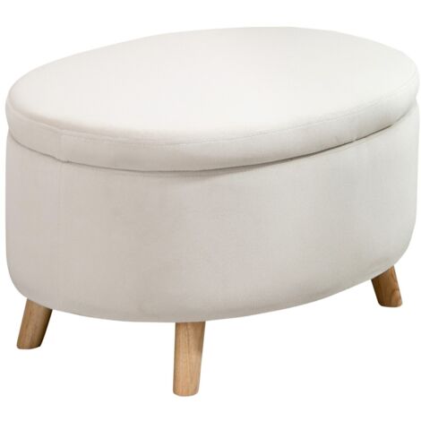 Banc Rembourré avec Rangement - Couvercle, Velours, Pieds Bois - Ovale pour Couloir, Chambre, Salon - 71x51,5x42 cm - Beige