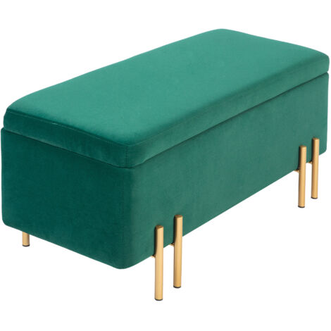Banc rembourré avec rangement, métal, bois d'hévéa, mousse, 100 x 40 x 42 cm, vert