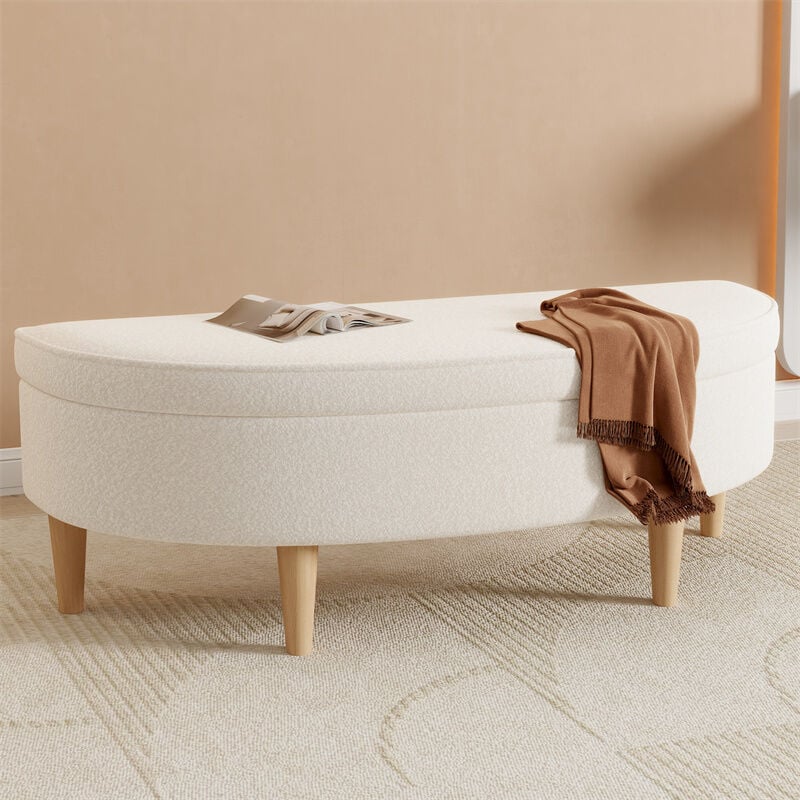 Fortuna Lai - Banc rembourré, Banc de lit, banc de piano, avec espace de rangement, pied en bois, imitation non-tissé, pin + mdf, blanc
