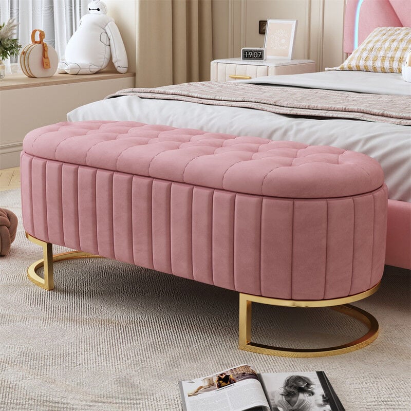 Banc rembourré en velours, bout de lit, baquette avec espace de rangement 120x39x40cm, rose