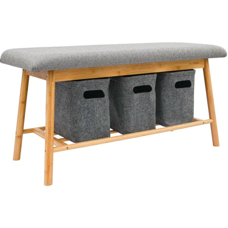 Banc Scandinave avec 3 Paniers de Rangement 90x34x44 Banquette d'Entrée Bambou