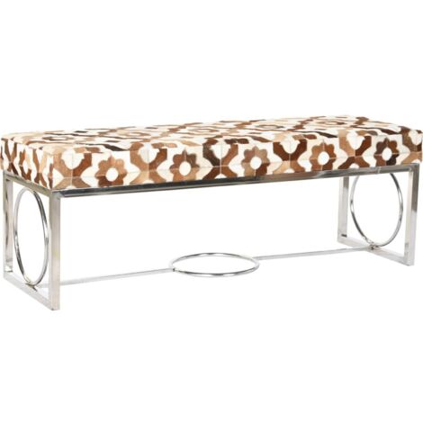 Banc style moderne en cuir élégant pour entrée - Blanc cassé avec motif floral brun et argenté