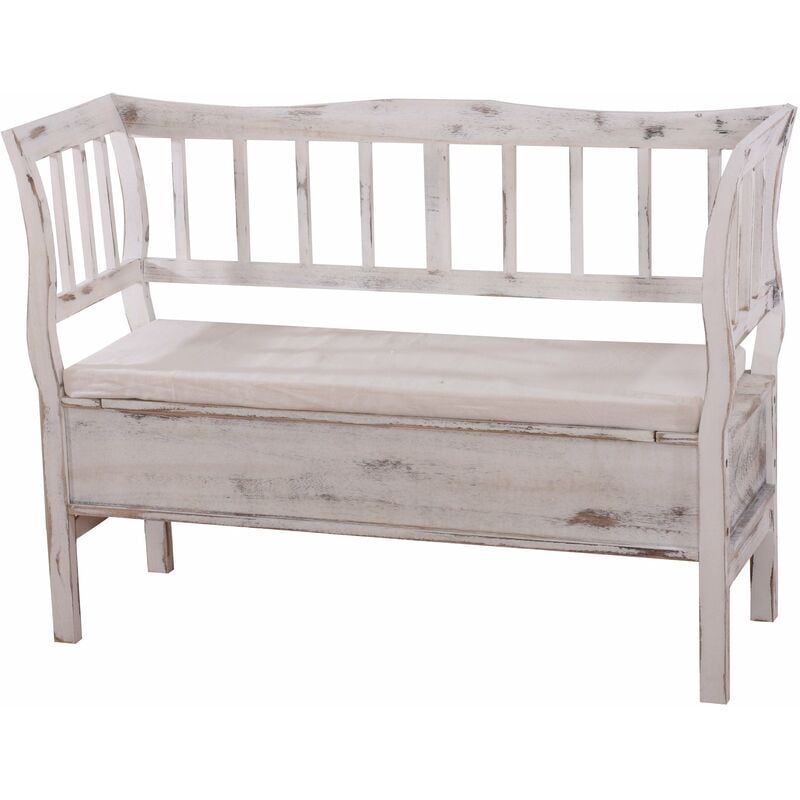 Banc style vintage avec compartiment de rangement et coussin bois blanc vieilli 040001171