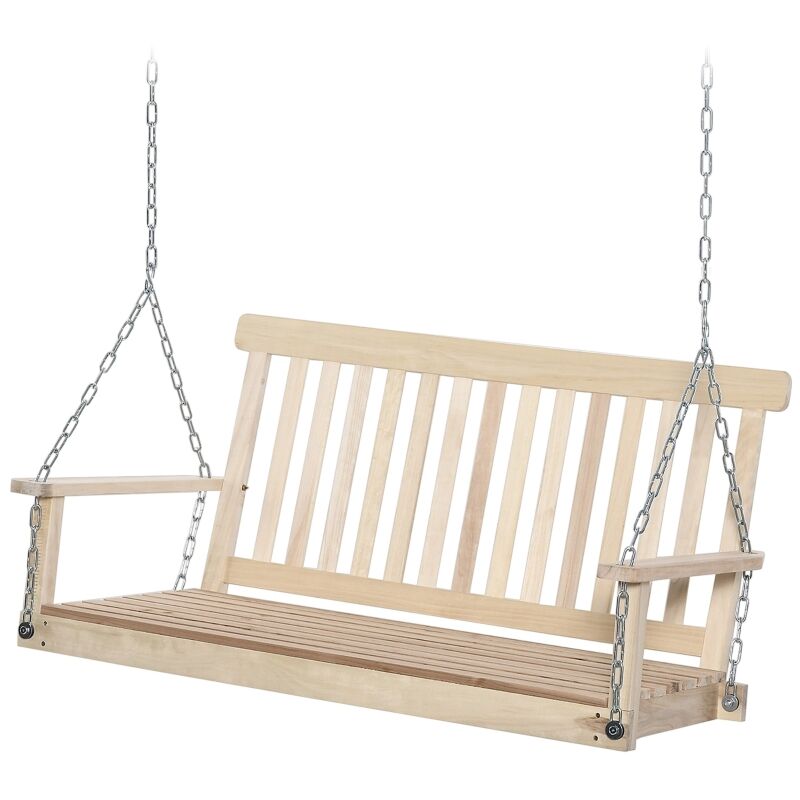 Banc suspendu 2 places balançoire de jardin, dossier et assise à lattes en bois, charge jusqu'à 200 kg, bois naturel