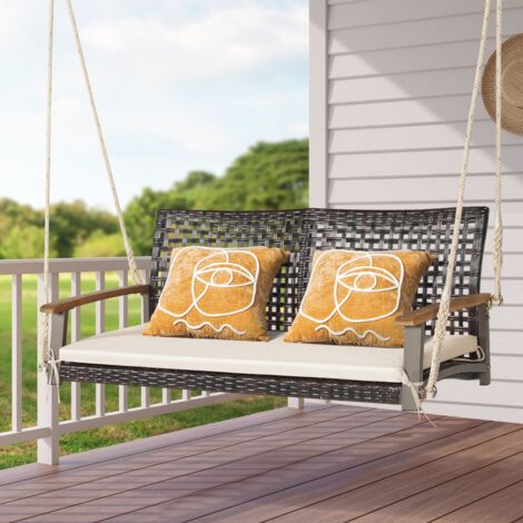 Banc Suspendu de Jardin en Rotin 2 Place Accoudoirs en Bois d'Acacia Cadre en Métal Coussin Cordes Crochets Blanc CW8047 DESIGN IN