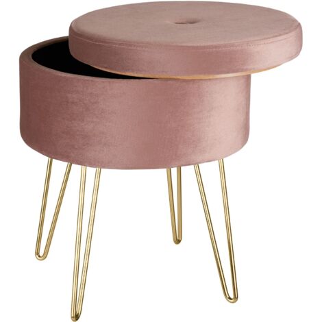 Tectake – Tabouret coffre de rangement rond en velours rose – Plateau en bois massif – Pieds en acier doré – Assise confortable et élégante