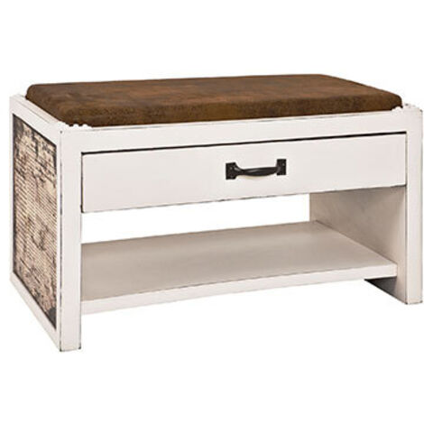 Banc vintage 1 tiroir 72x38x42 cm blanc vieilli motif journal
