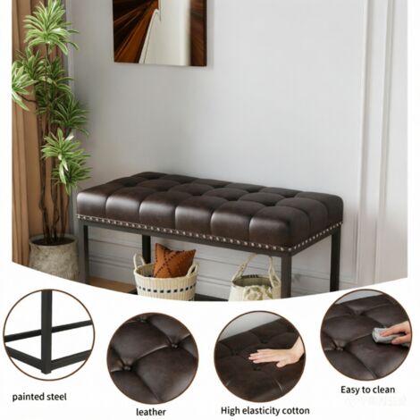 Banc vintage 36 pouces en simili cuir tufté,ossature métallique solide. Convient pour entrée,chambre,salon et pied de lit,couleur noire classique.