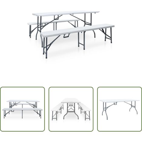 Banca plegable -  Mesa de jardín plegable con 2 bancos acero y HDPE blanco 180 cm