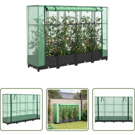 Bancal con cubierta -  Jardinera elevada con cubierta de invernadero aspecto ratán 160x40x123 cm