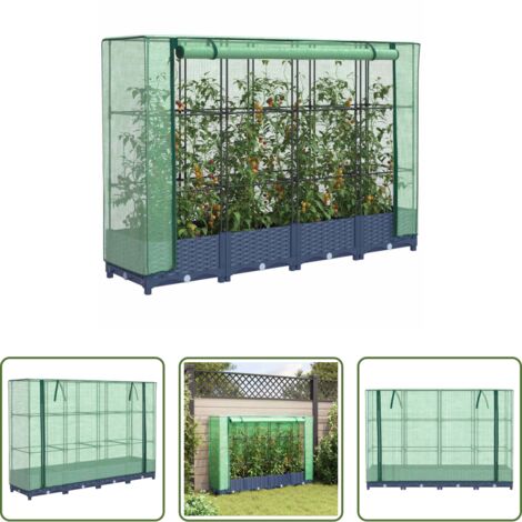 Bancal con cubierta -  Jardinera elevada con cubierta de invernadero aspecto ratán 160x40x123 cm