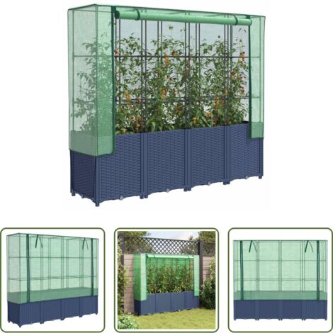 Bancal con cubierta -  Jardinera elevada con cubierta de invernadero aspecto ratán 160x40x153 cm