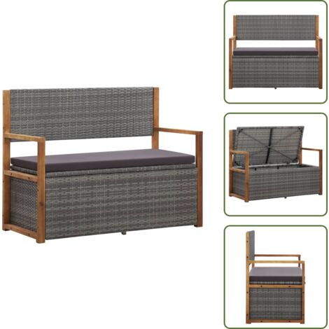 Banco al aire libre - vidaXL Banco de almacenaje ratán sintético madera acacia gris 115 cm - Almacenamiento exterior