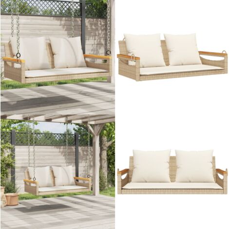 Banco columpio con cojines ratán sintético beige 109x62x40 cm - Muebles al aire libre - Cojines para banco