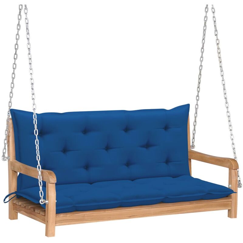 

Banco columpio madera maciza de teca con cojín azul 120 cm