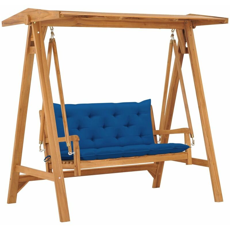 

Banco columpio madera maciza de teca con cojin azul 170 cm
