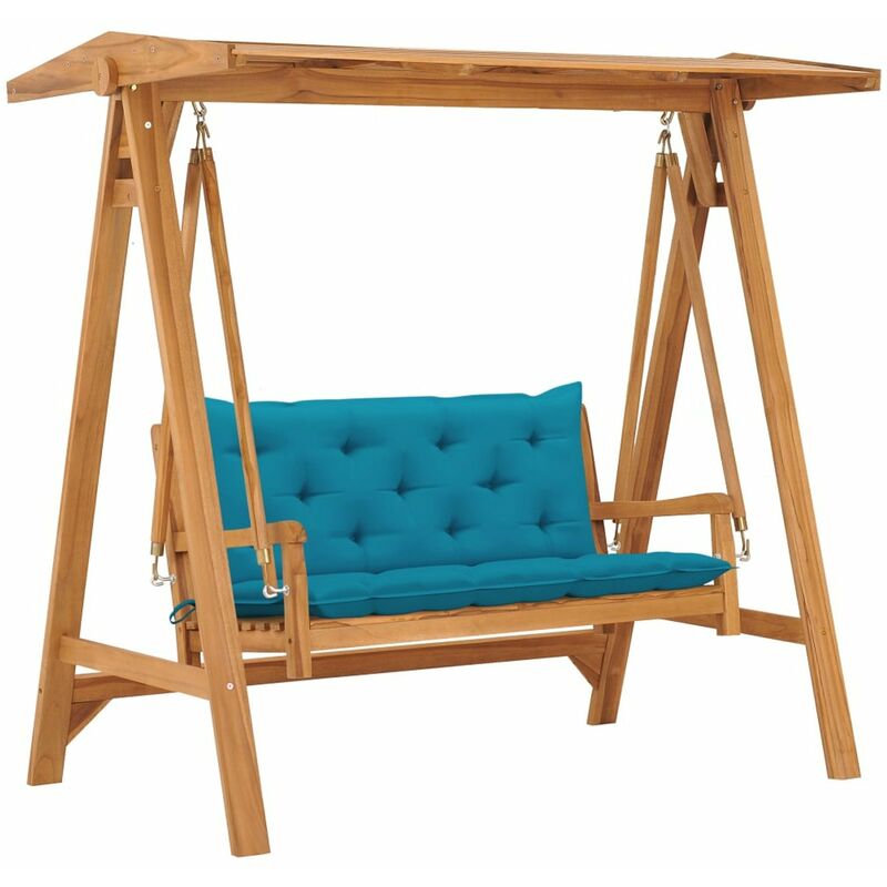 

Banco columpio madera maciza de teca con cojin azul claro 170cm