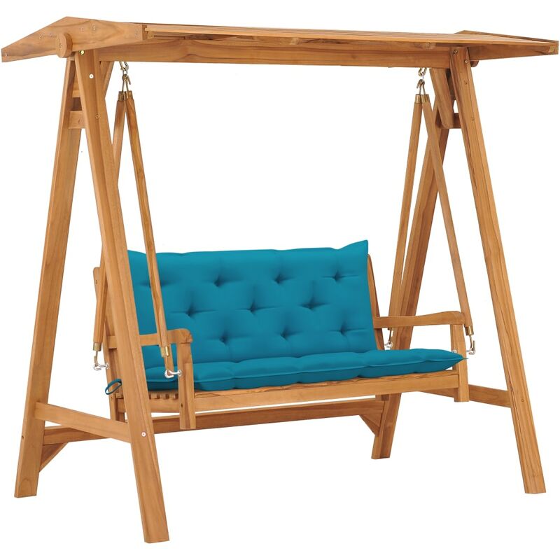 

Banco columpio madera maciza de teca con cojín azul claro 170cm