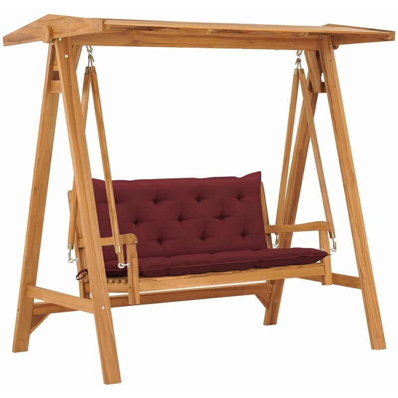 

Banco columpio madera maciza de teca con cojin rojo vino 170 cm