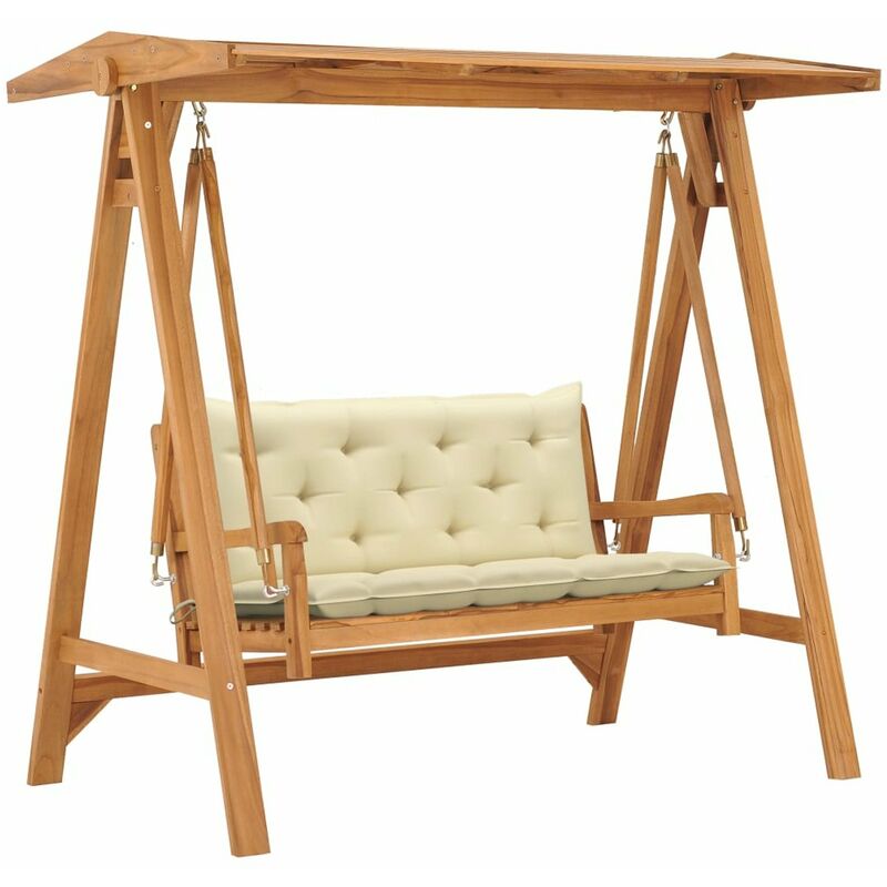 

Banco columpio madera maciza teca con cojin blanco crema 170 cm