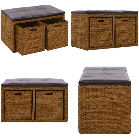 Banco con 2 cestas hierba marina 71x40x42 cm marrón - Banco de hierba marina - Banco rústico