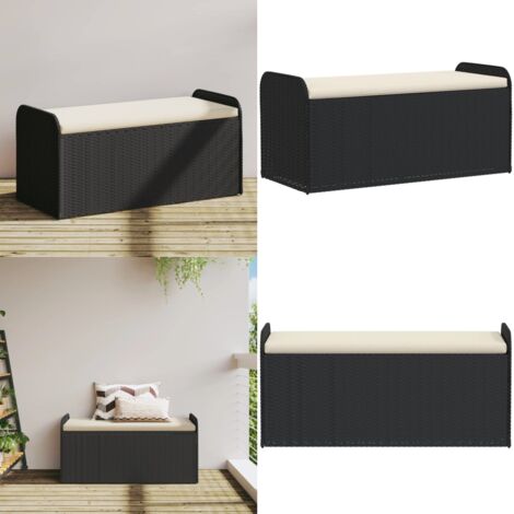 Banco con almacenaje y cojín ratán sintético negro 115x51x52 cm - Cojín de jardín - Muebles de exterior