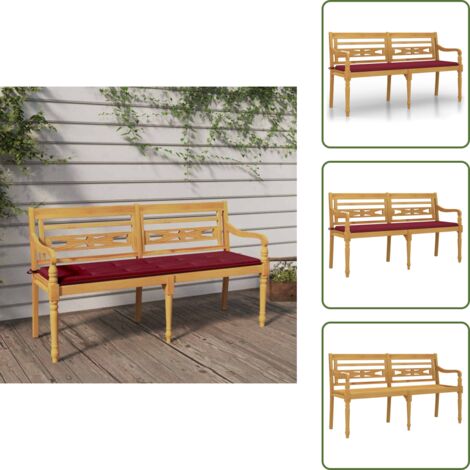 Banco con cojín - vidaXL Banco Batavia con cojín rojo vino madera maciza de teca 150 cm - Banco de jardín