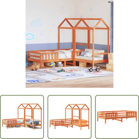 Banco con techo -  Set de cama y banco con techo madera de pino marrón 100x200 cm