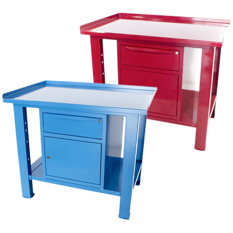 Image of Sogi - Banco da lavoro 1 metro con piano in acciaio + armadio con anta e cassetto - blu/rosso, ColoreRosso