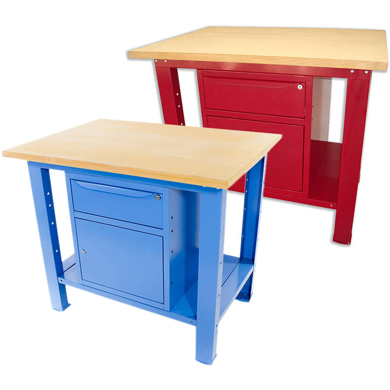 Image of Sogi - Banco da lavoro 1 metro con piano in legno + armadio con anta e cassetto - blu/rosso, ColoreBlu