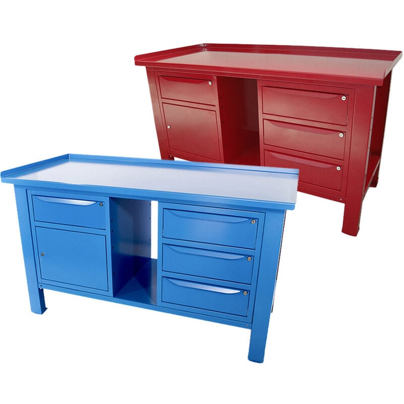 Image of Banco lavoro SOGI 1,5m piano acciaio + armadio anta cassetto + armadio a 3 cassetti - blu/rosso, ColoreRosso