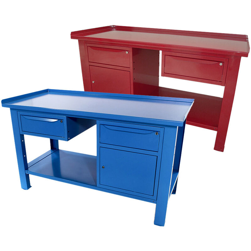 Image of Banco da lavoro SOGI 1,5 m piano in acciaio + armadio con anta e cassetto + 1 cassetto - blu/rosso, ColoreBlu