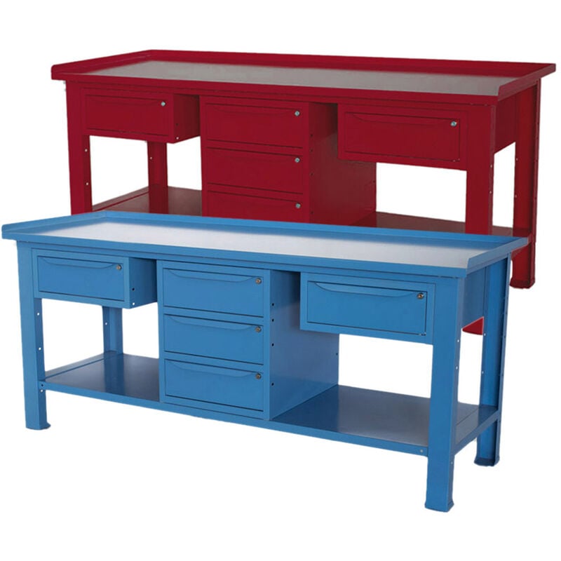 Image of Sogi - Banco da lavoro 2 metri con piano in acciaio + armadio a 3 cassetti + 2 cassetti - blu/rosso, ColoreRosso