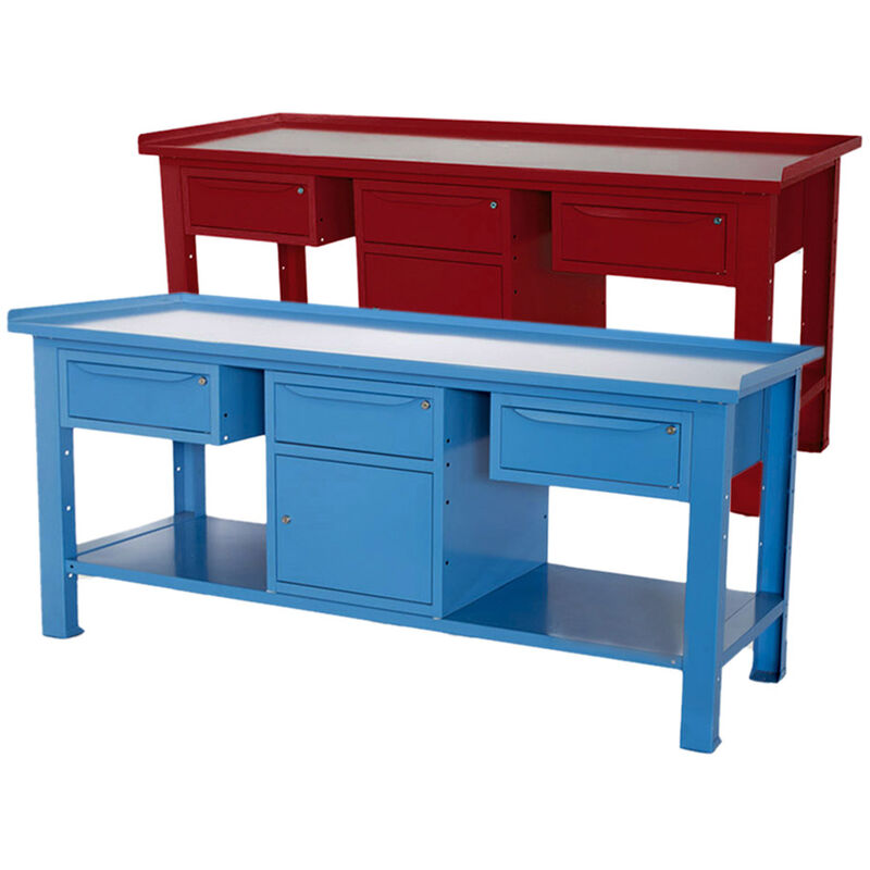 Image of Banco lavoro Sogi 2m con piano in acciaio + armadio con anta e cassetto + 2 cassetti - blu/rosso, ColoreRosso