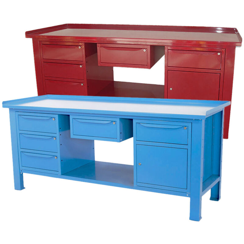 Image of Sogi - Banco lavoro 2m piano acciaio + cassetto + armadio a 3 cass + armadio anta cassetto - blu/rosso, ColoreBlu