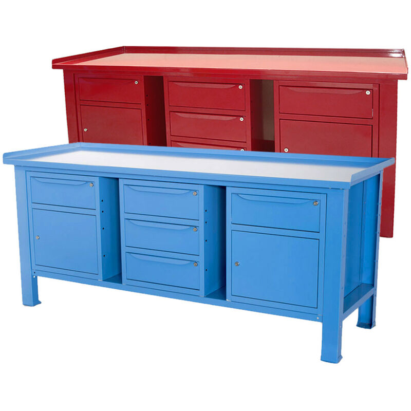 Image of Sogi - Banco lavoro 2m piano acciaio + 2 armadi con anta e cassetto + armadio a 3 cassetti - blu/rosso, ColoreRosso