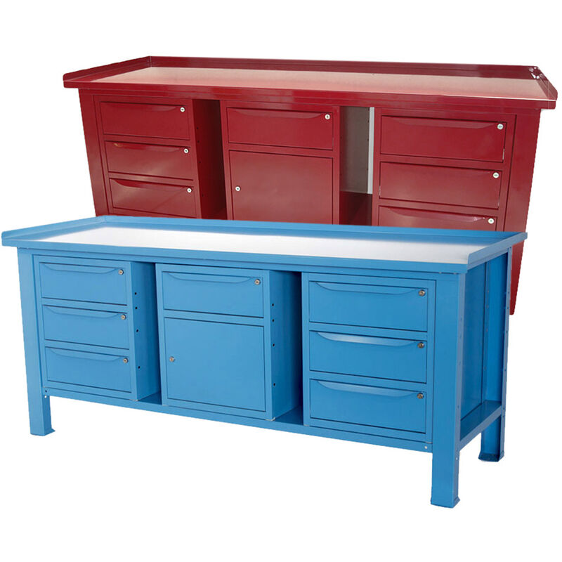 Image of Banco lavoro Sogi 2m piano acciaio + 2 armadi a 3 cassetti + armadio con anta e cassetto - blu/rosso, ColoreRosso