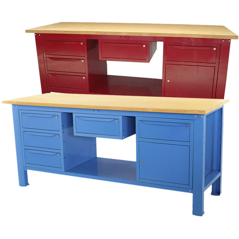 Image of Banco lavoro Sogi 2m piano legno + cassetto + armadio a 3 cass + armadio anta cassetto - blu/rosso, ColoreRosso